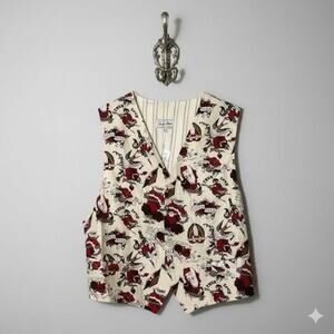 Nick & Nora · NWT Medium · Silk · Tattoo Flash Waistcoat · 100% Silk · Cream/Red